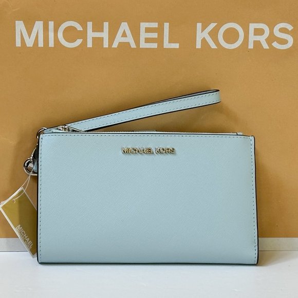 Michael Kors Jet Set Travel Large Double Zip Phone Wallet Vista Blue/Silver - Picture 1 of 10
